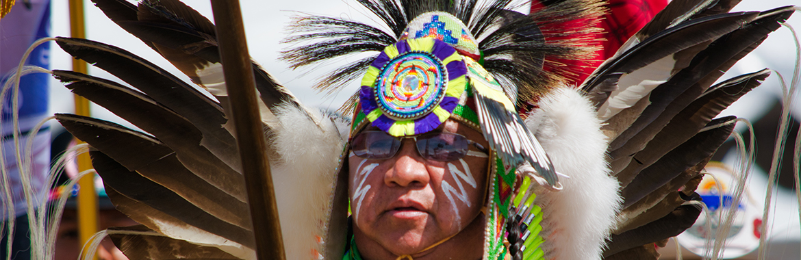 Pow wow participant in traditional head dress